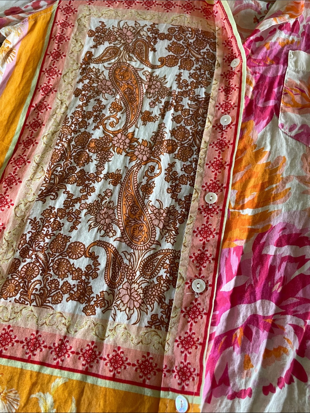 Calypso St. Barth Cotton Mixed Print Floral Patchwork Button-Down Shirt S Boho - Picture 11 of 11